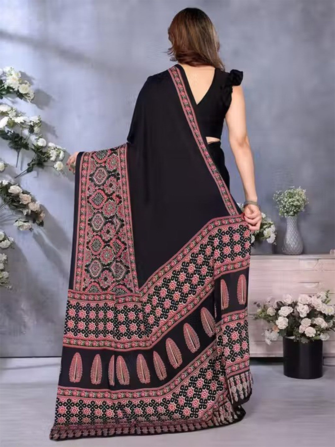 Peachmode Black Ajrakh Mirror Work Saree - Image 2