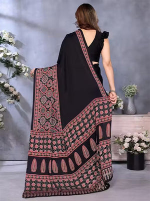 Peachmode Black Ajrakh Mirror Work Saree - Image 2