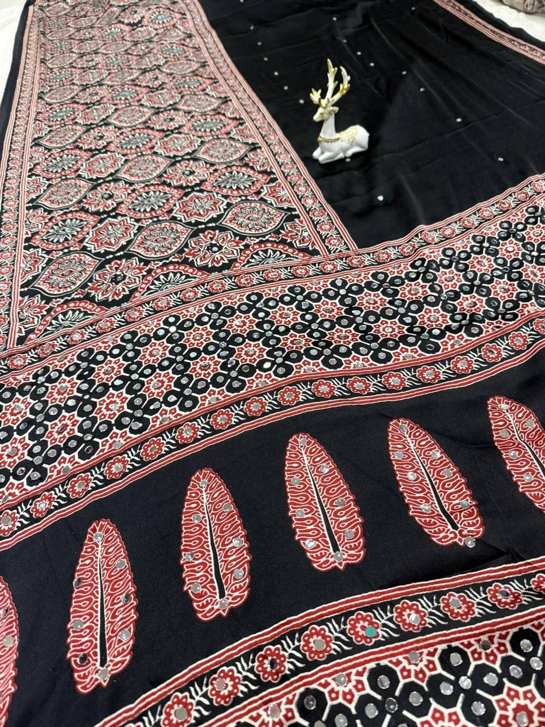 Peachmode Black Ajrakh Mirror Work Saree - Image 4
