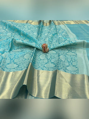 Peachmode Turquoise Zari Woven Saree - Image 2
