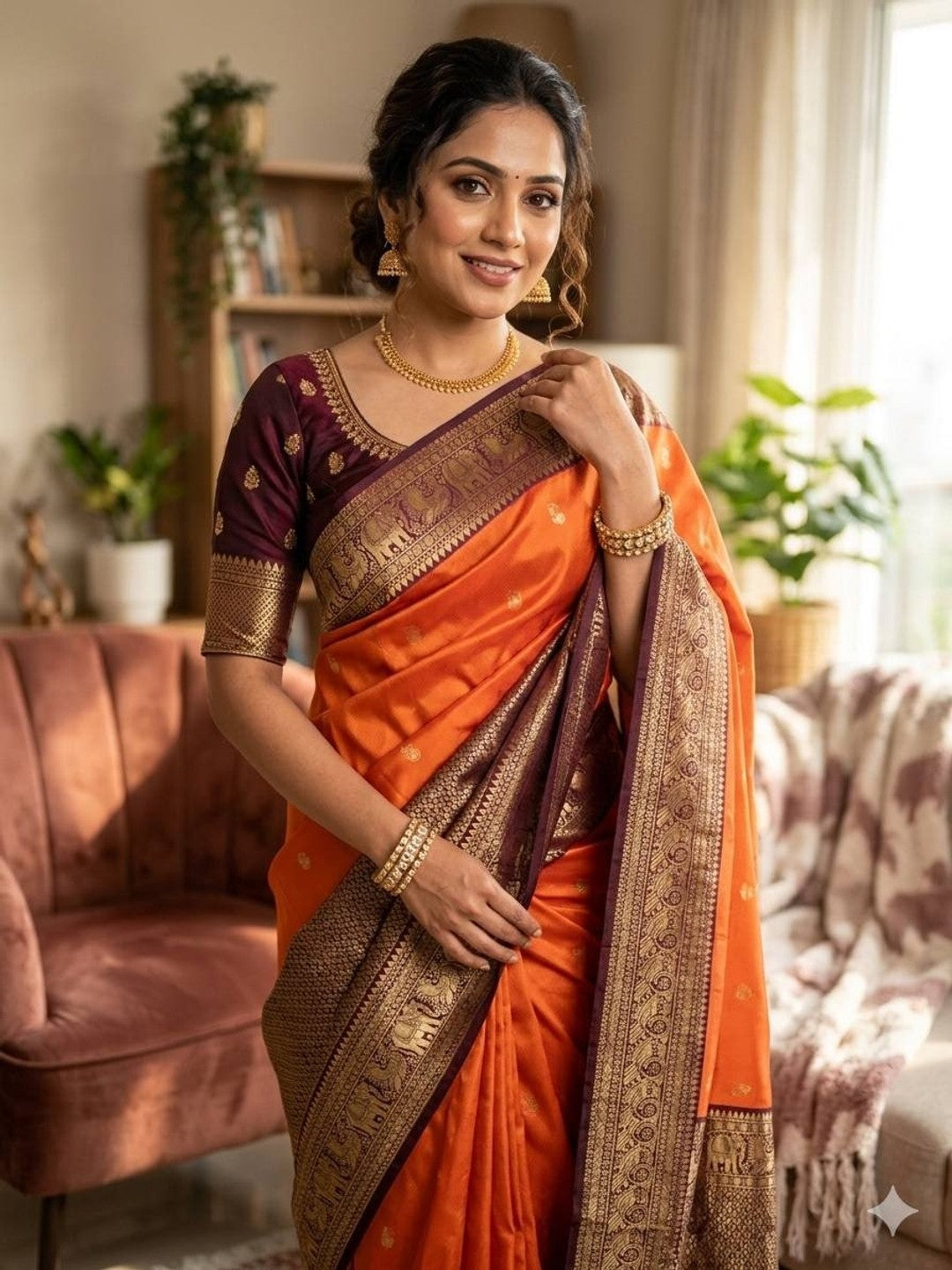 Peachmode Orange Banarasi Silk Saree - Image 6