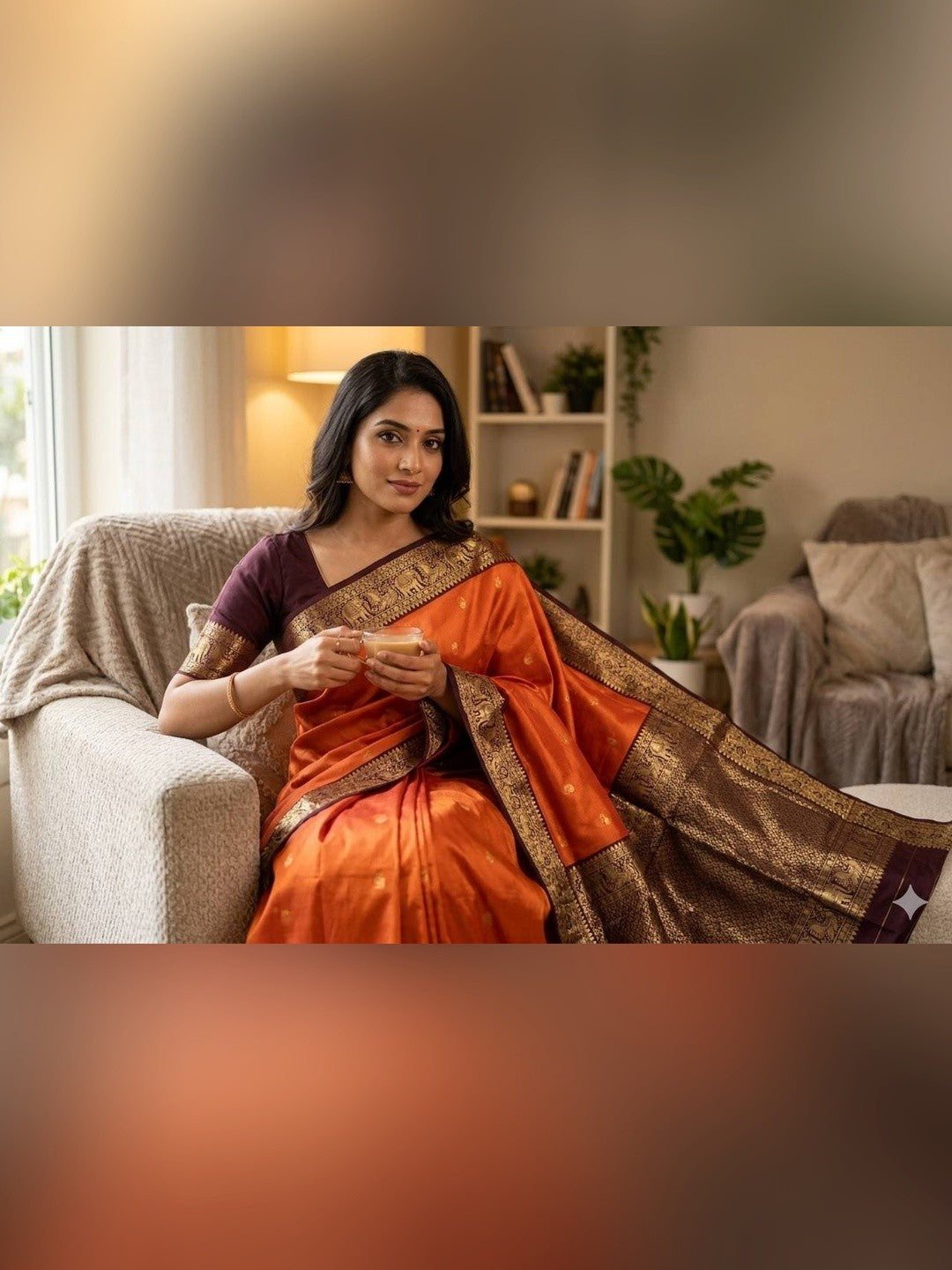 Peachmode Orange Banarasi Silk Saree - Image 7