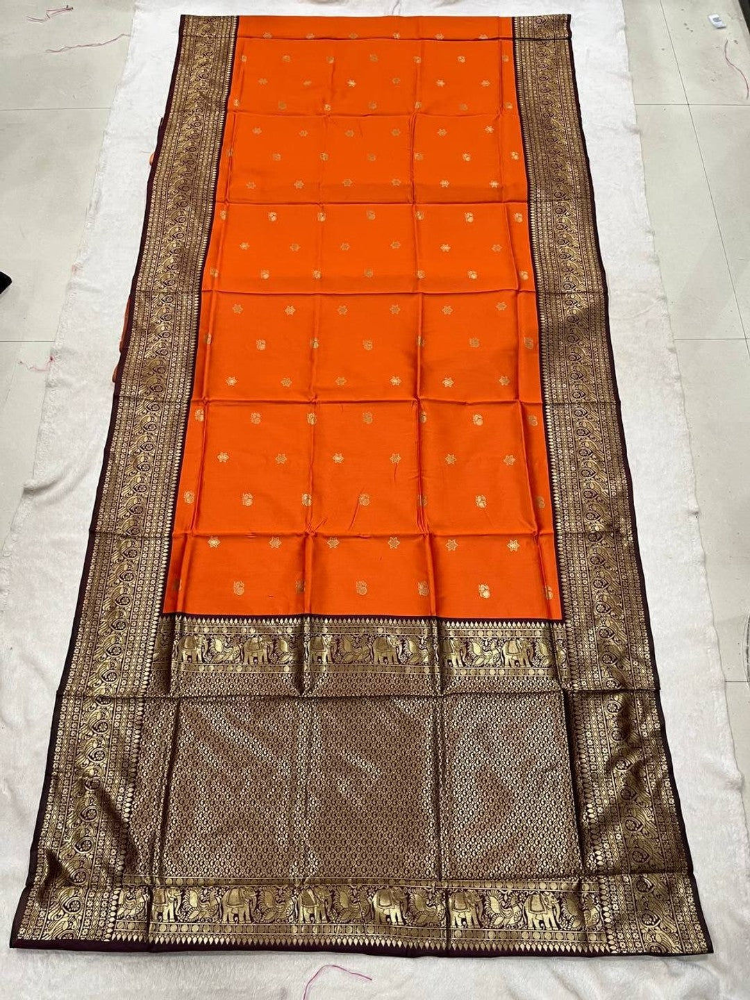 Peachmode Orange Banarasi Silk Saree - Image 9