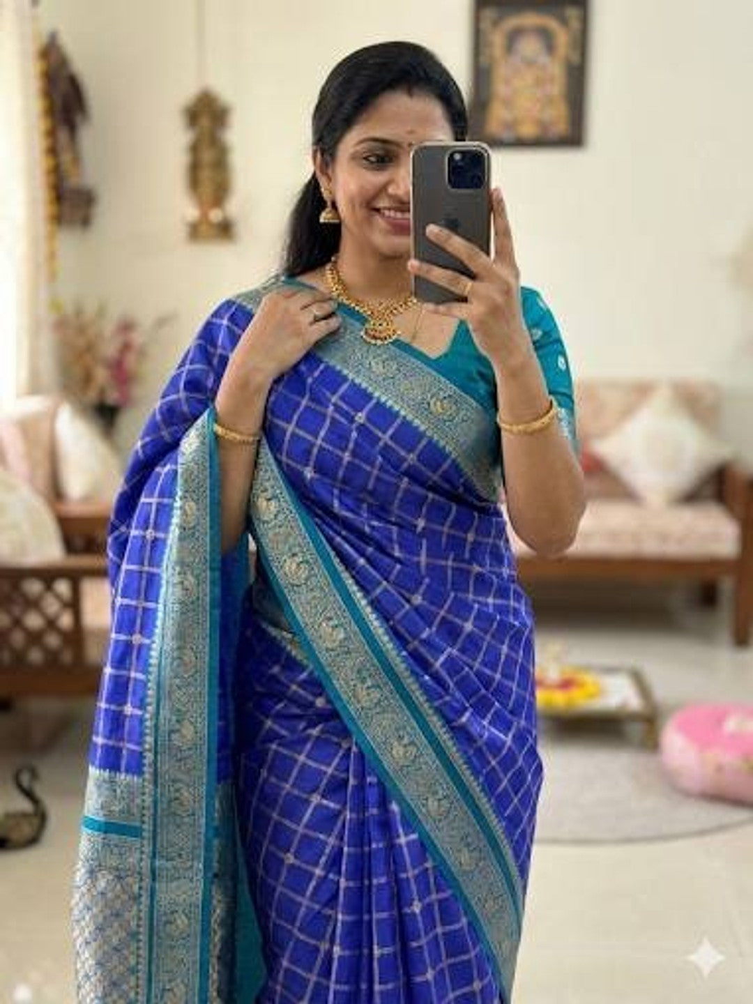 Peachmode Blue Kanjivaram Soft Silk Zari Saree - Image 1