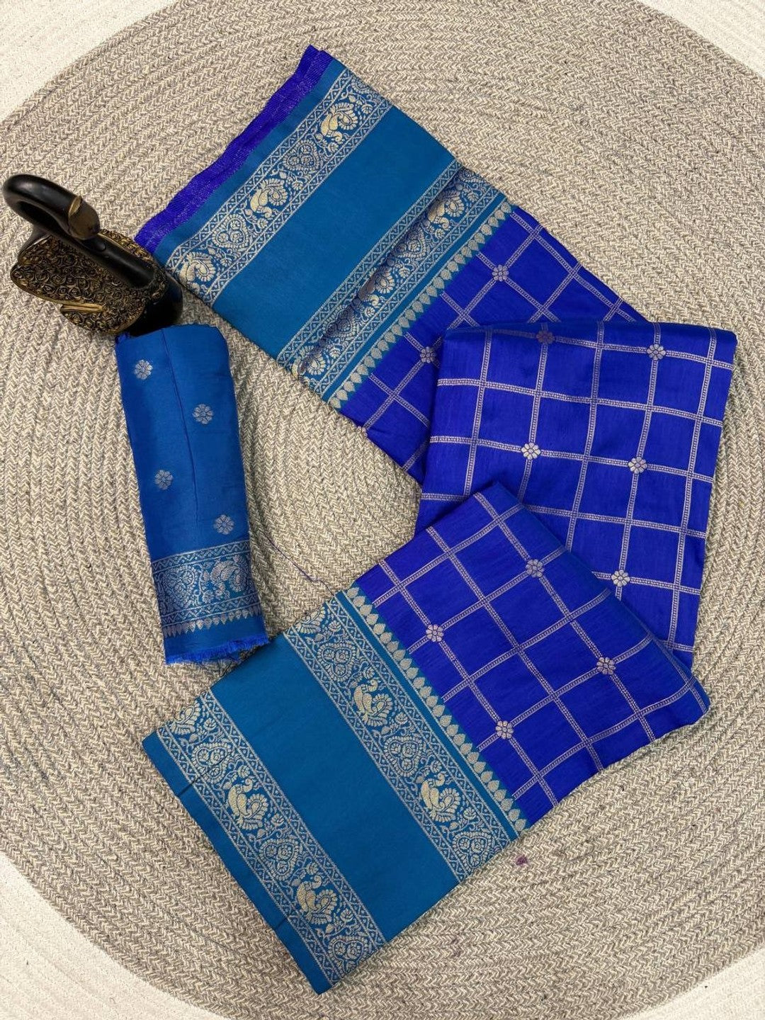 Peachmode Blue Kanjivaram Soft Silk Zari Saree - Image 3