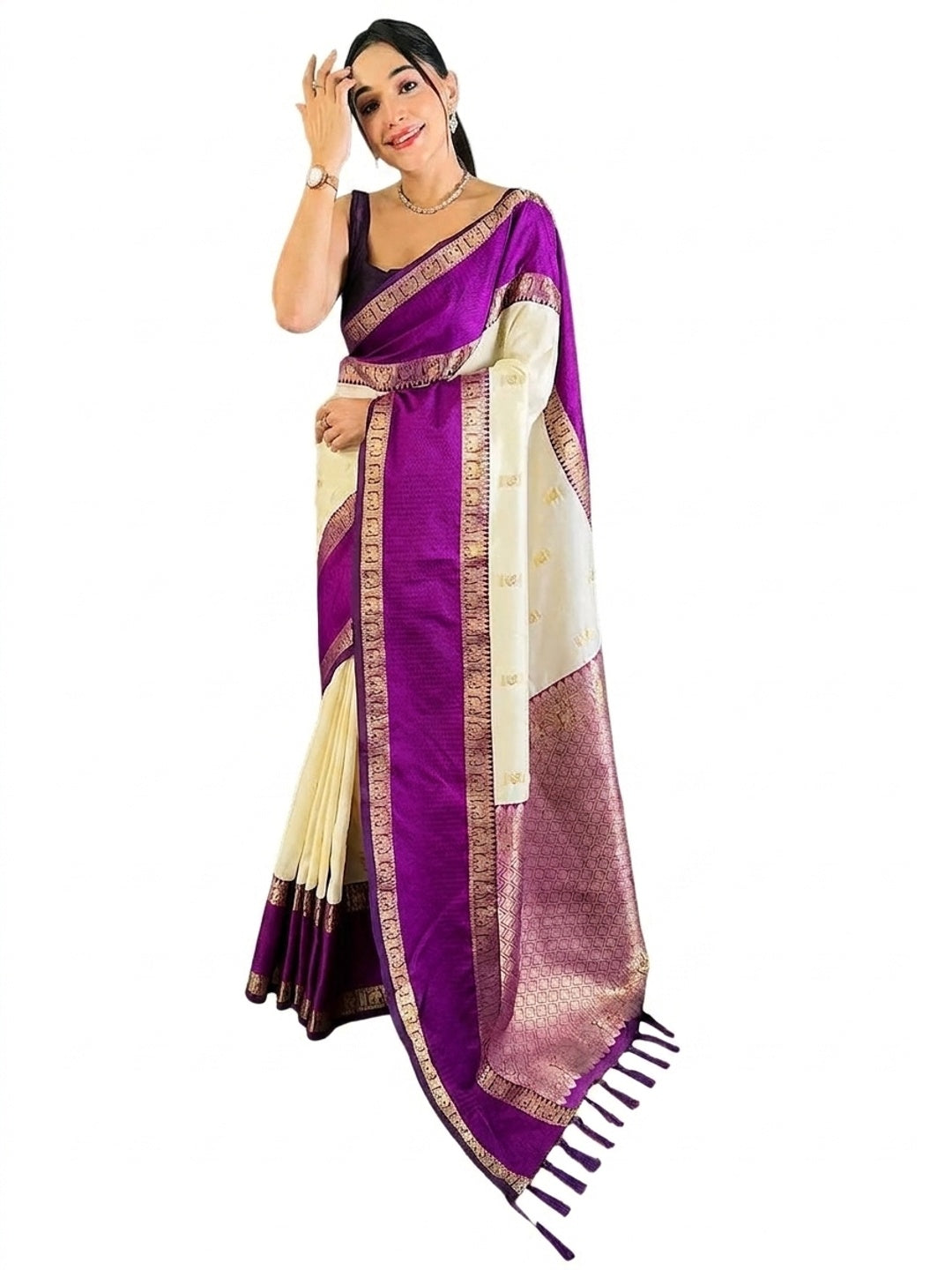 Peachmode Cream Kanjivaram Soft Silk Zari Saree - Image 8