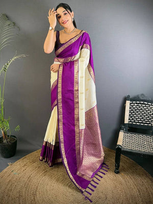 Peachmode Cream Kanjivaram Soft Silk Zari Saree - Image 1