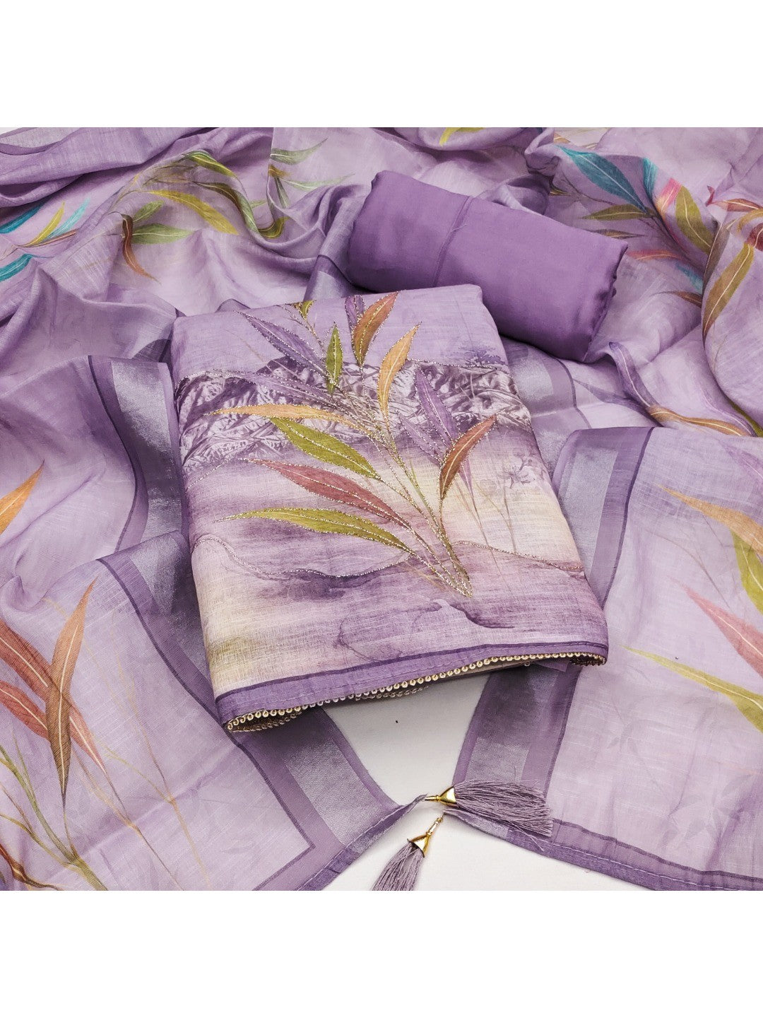Peachmode Lavender Linen Dress Material with Floral Print - Image 1