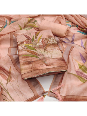 Peachmode Peach Linen Dress Material with Floral Print - Image 2
