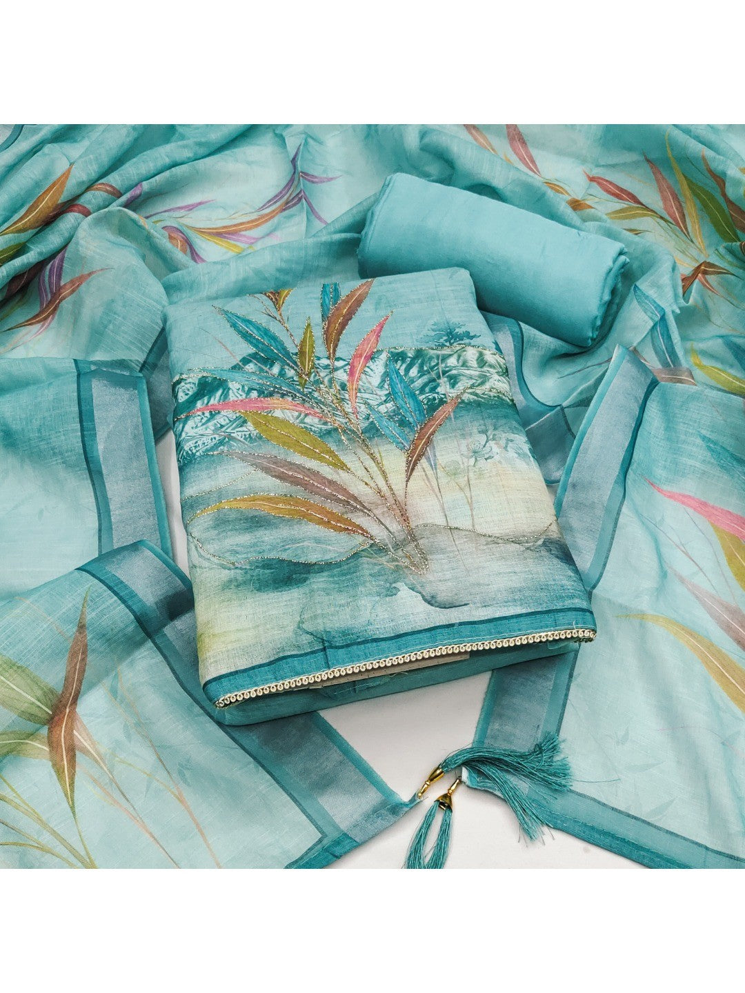 Peachmode Teal Linen Dress Material with Floral Print - Image 1