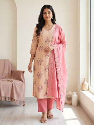 Peach Cotton Floral Printed Salwar Suit Set - Image 1