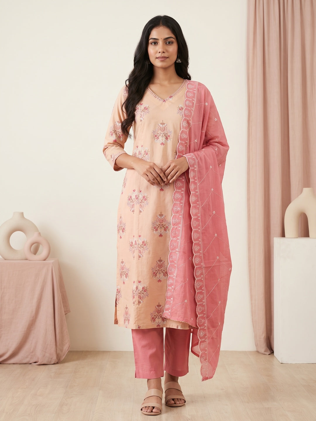 Peach Cotton Floral Printed Salwar Suit Set - Image 2