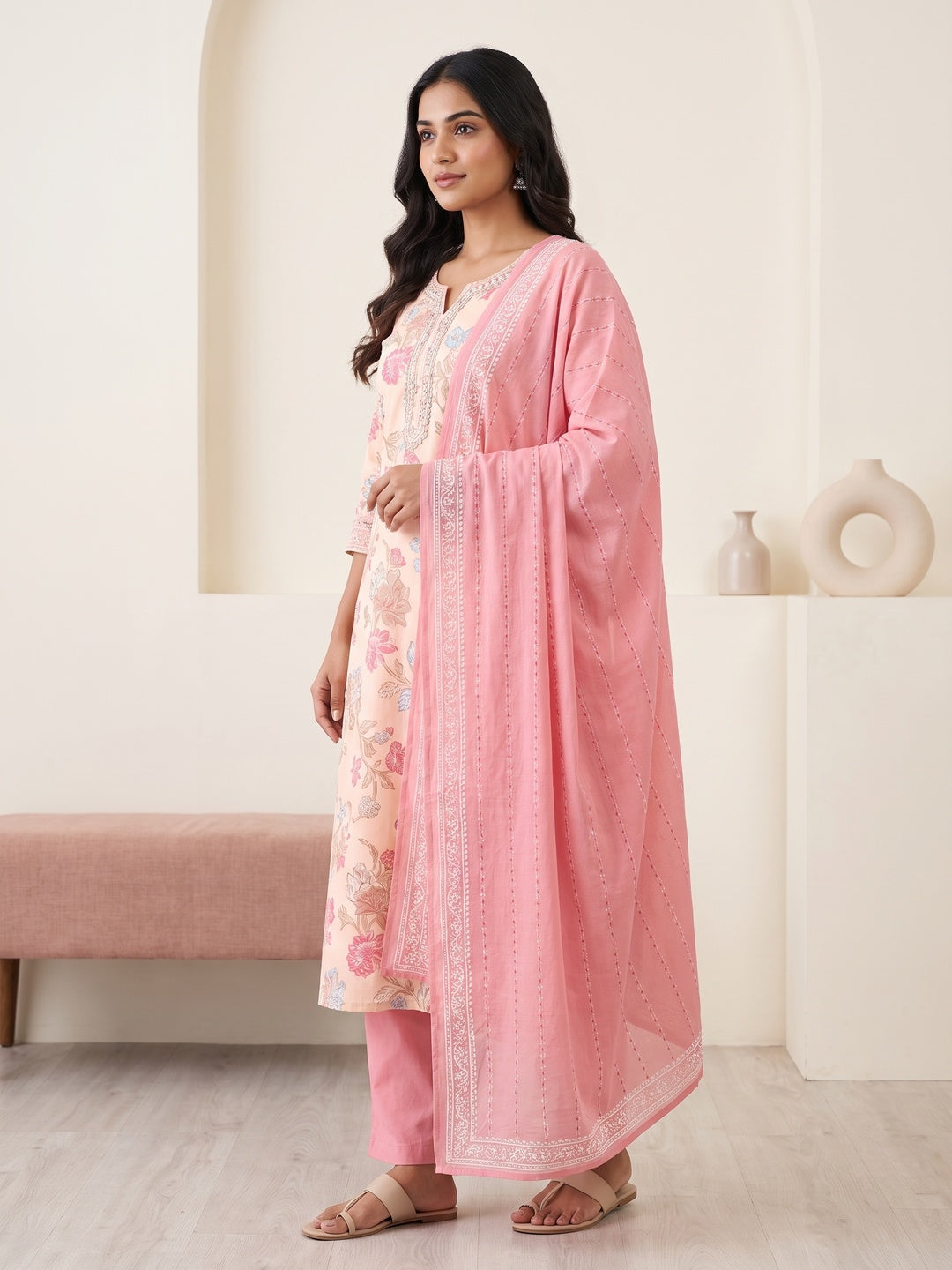 Peach Cotton Floral Printed Salwar Suit Set - Image 3