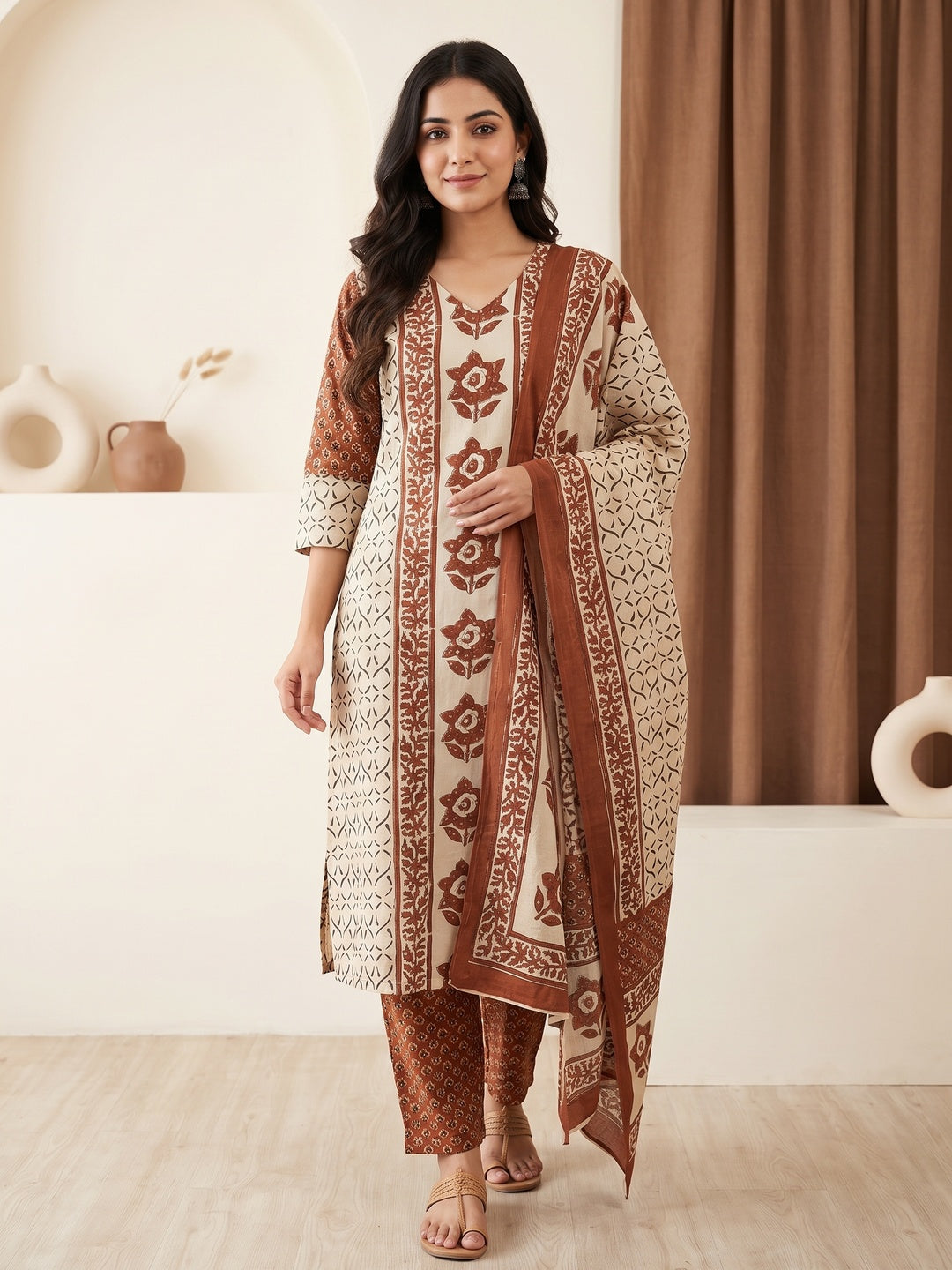Cream Cotton Floral Printed Salwar Suit Set - Image 1