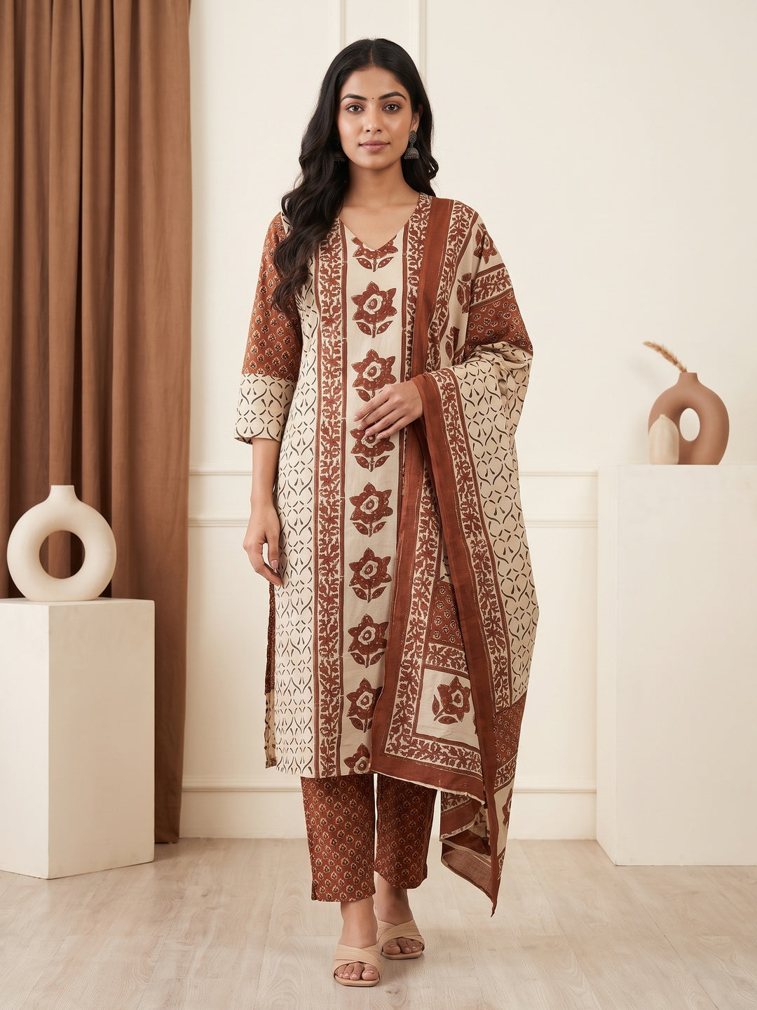 Cream Cotton Floral Printed Salwar Suit Set - Image 2