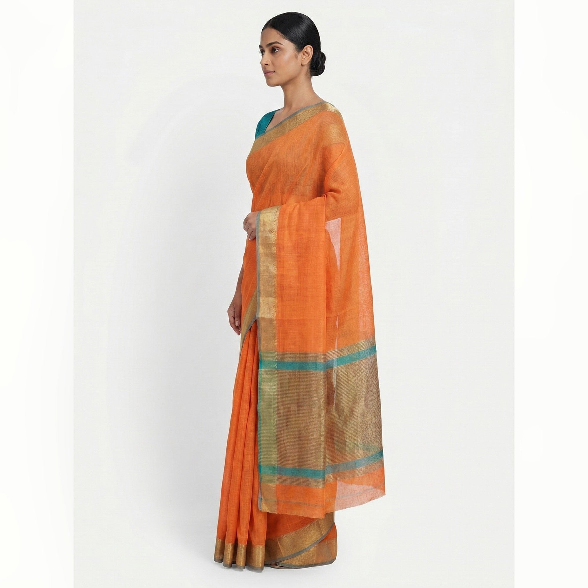 Elegant Orange Linen Saree with Classic Border by Peachmode - Image 3