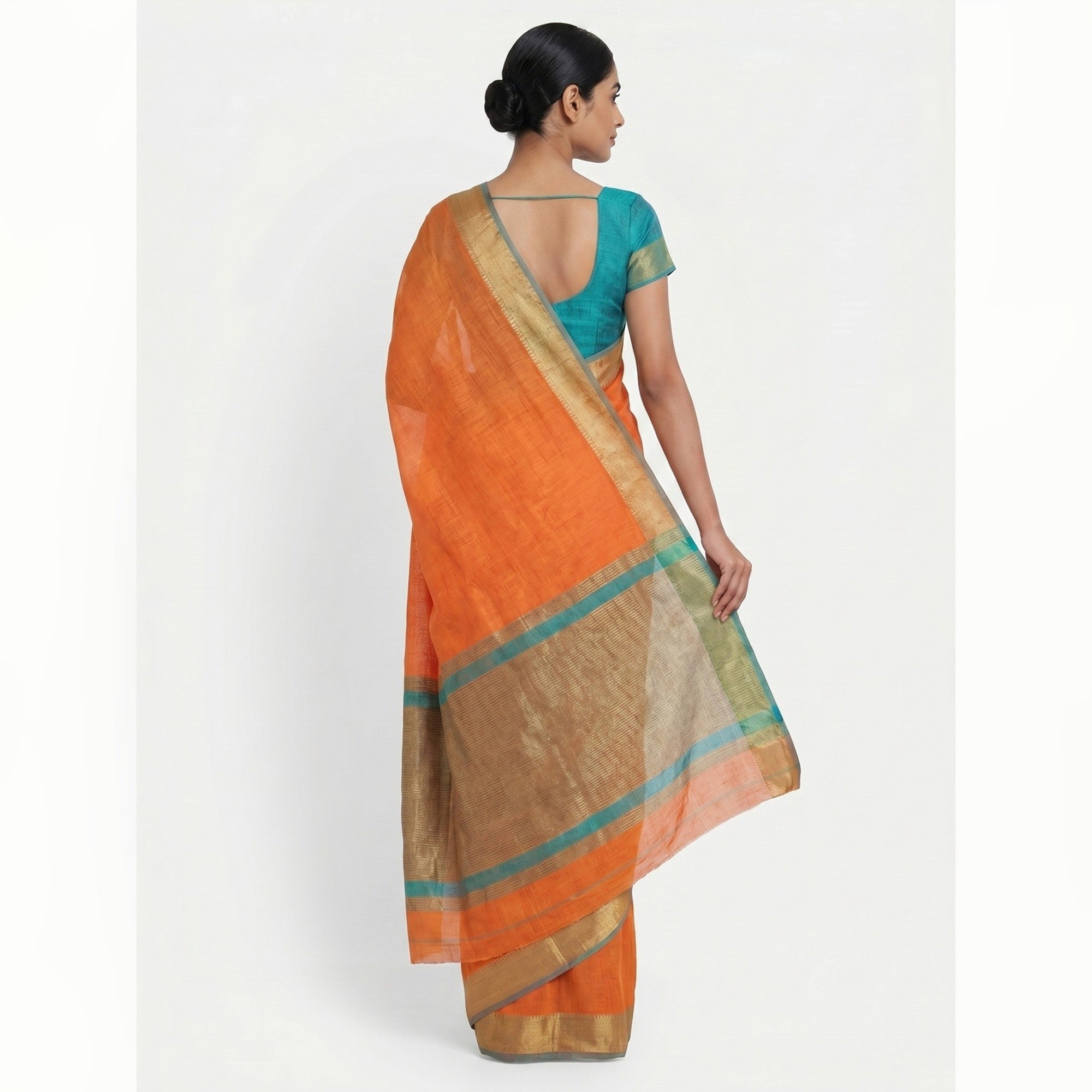 Elegant Orange Linen Saree with Classic Border by Peachmode - Image 2