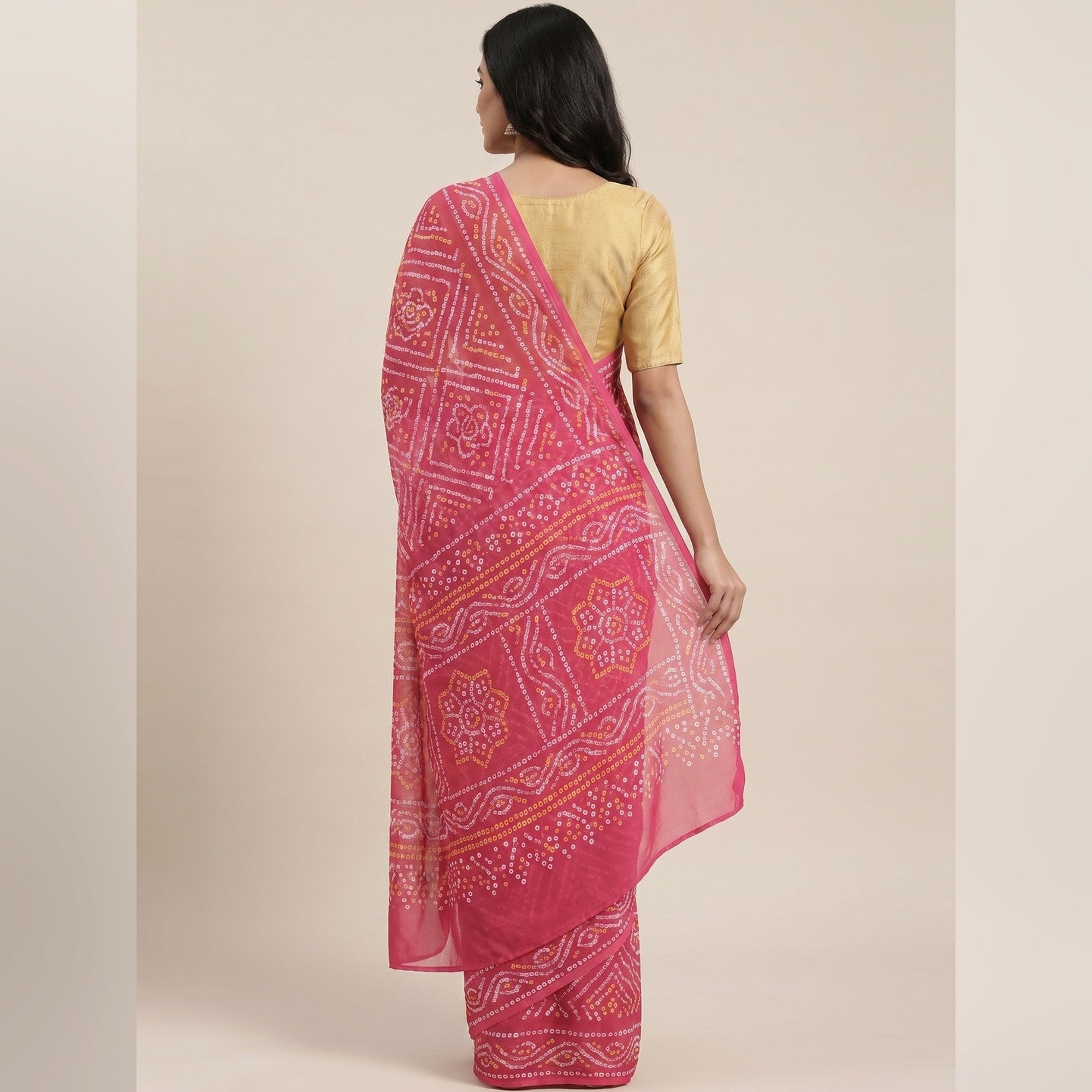 Pink Georgette Bandhani Saree with Traditional Print Design - Image 3
