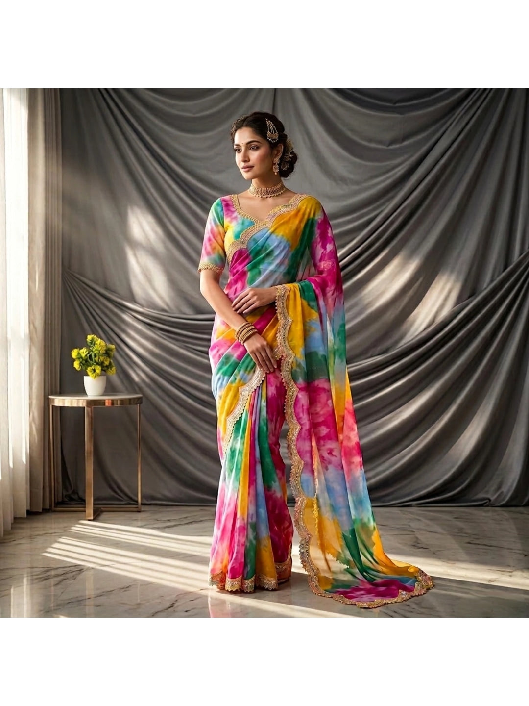 Peachmode Multicolor Georgette Saree with Sequins Lace Border - Image 4