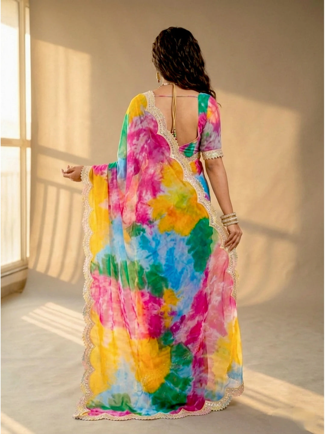 Peachmode Multicolor Georgette Saree with Sequins Lace Border - Image 5
