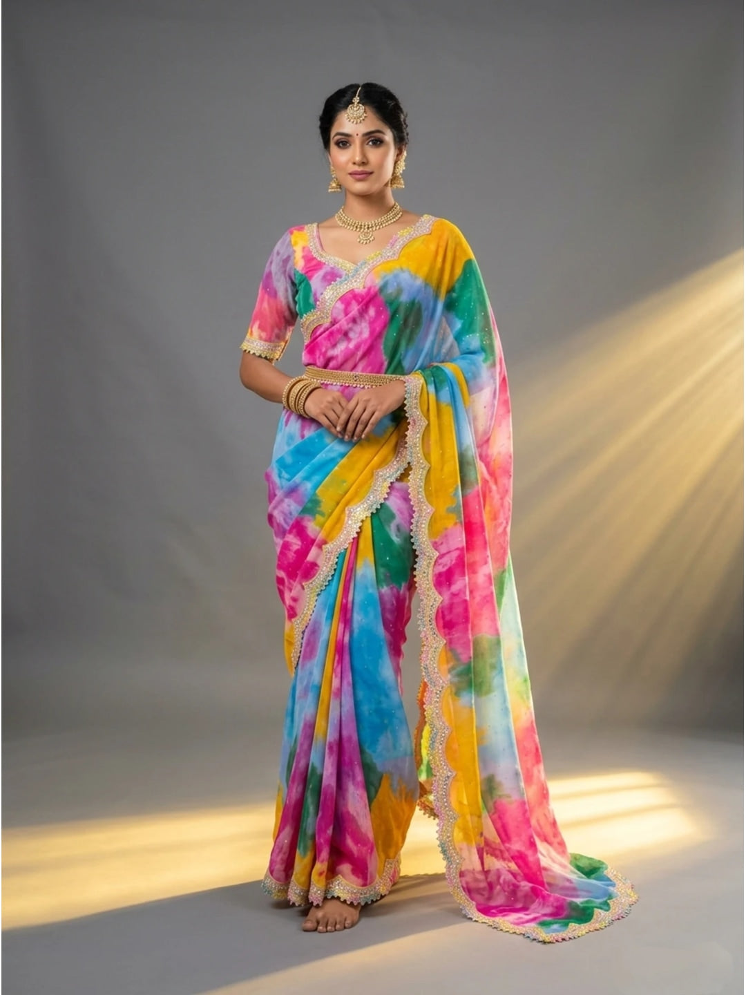 Peachmode Multicolor Georgette Saree with Sequins Lace Border - Image 6