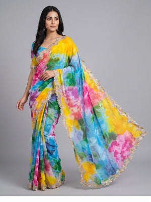 Peachmode Multicolor Georgette Saree with Sequins Lace Border - Image 1