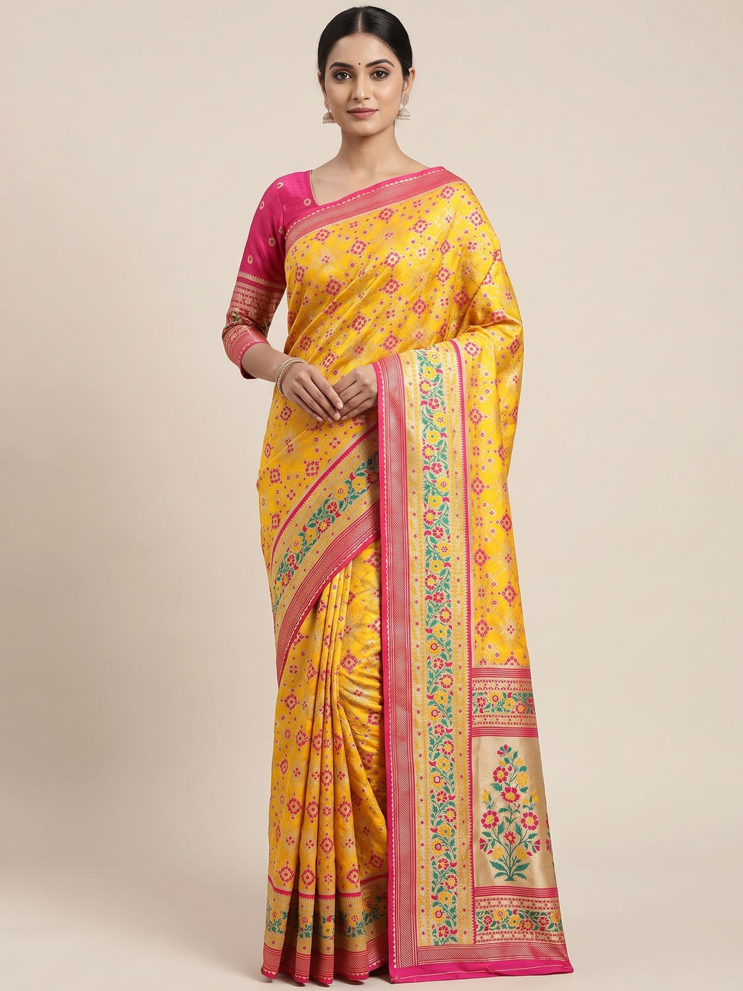 Peachmode Yellow Pashmina Silk Woven Saree - Image 1
