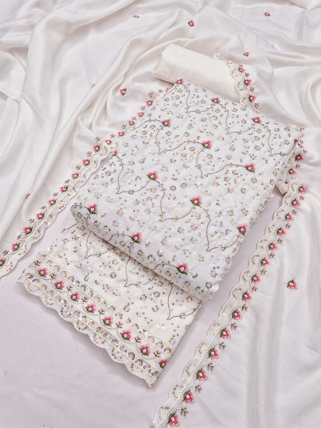Peachmode White Vichitra Silk Dress Material with Ethnic Motifs - Image 1