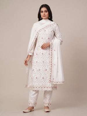 Peachmode White Vichitra Silk Dress Material with Ethnic Motifs - Image 1