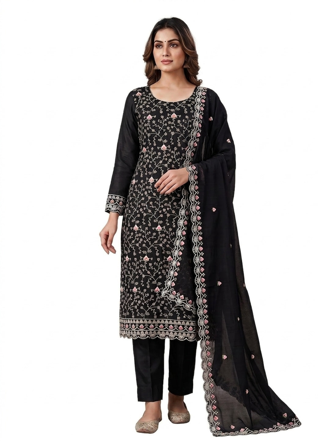 Peachmode Black Vichitra Silk Dress Material with Ethnic Motifs - Image 7