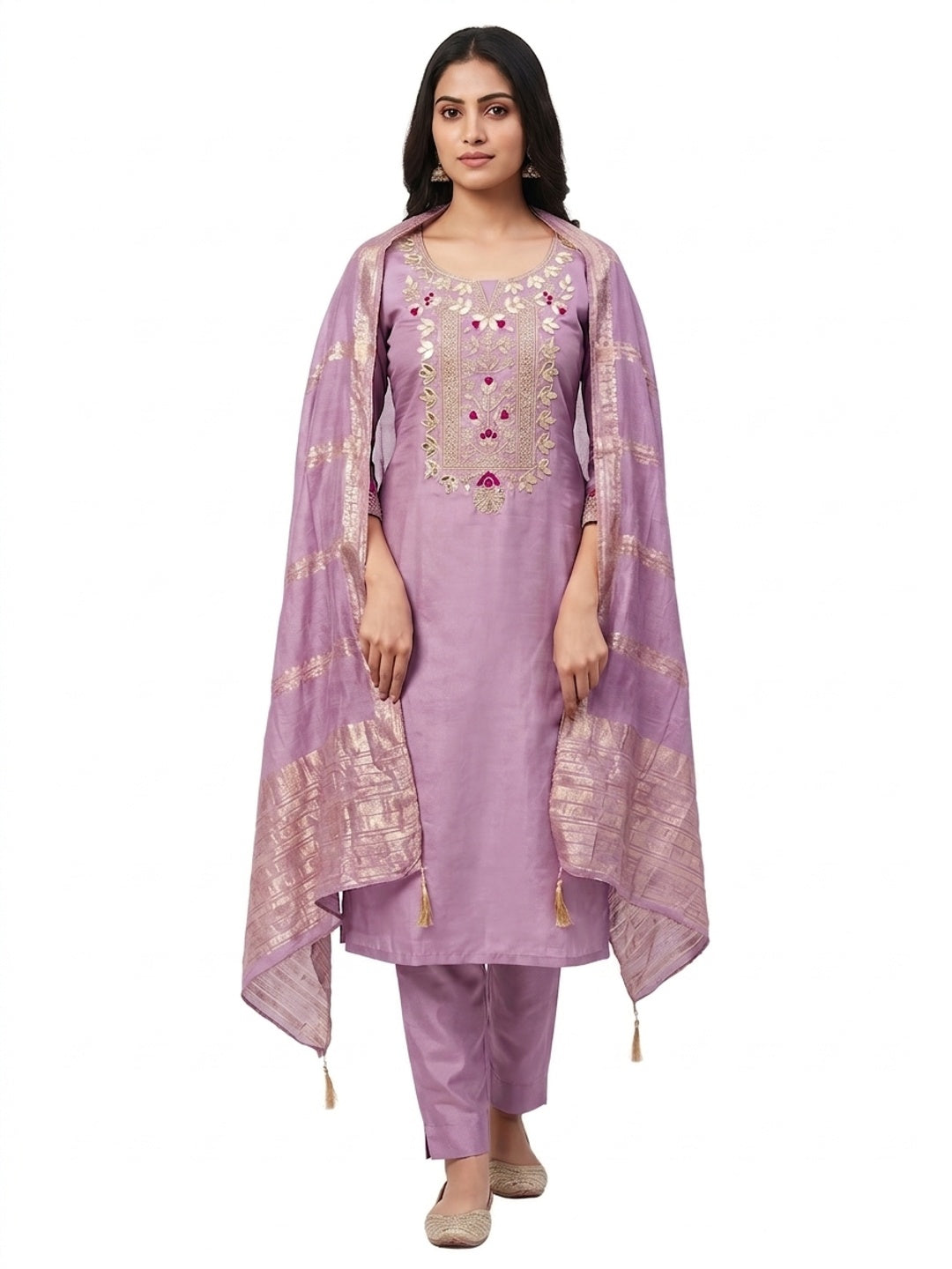 Peachmode Lavender Roman Silk Dress Material with Ethnic Motifs - Image 4