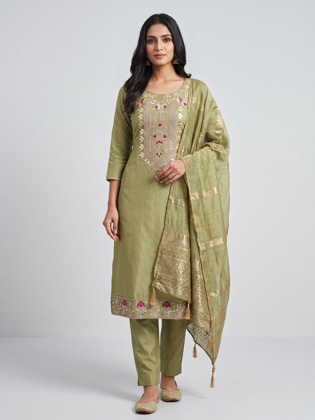 Peachmode Olive Roman Silk Dress Material with Ethnic Motifs - Image 1