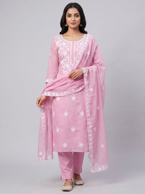 Peachmode Pink Chanderi Cotton Dress Material with Ethnic Motifs - Image 1