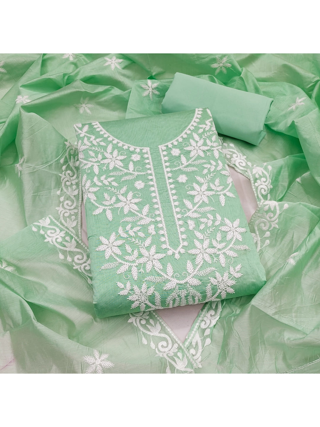 Peachmode Sea Green Chanderi Cotton Dress Material with Ethnic Motifs - Image 2