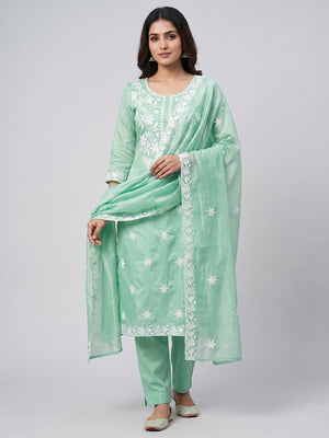Peachmode Sea Green Chanderi Cotton Dress Material with Ethnic Motifs - Image 1