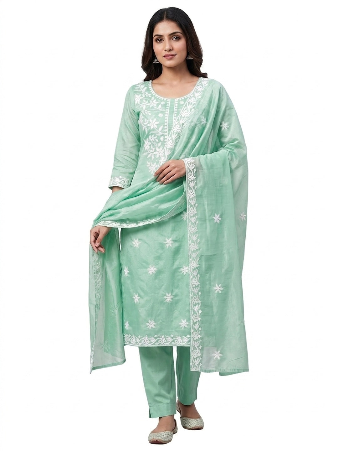 Peachmode Sea Green Chanderi Cotton Dress Material with Ethnic Motifs - Image 4