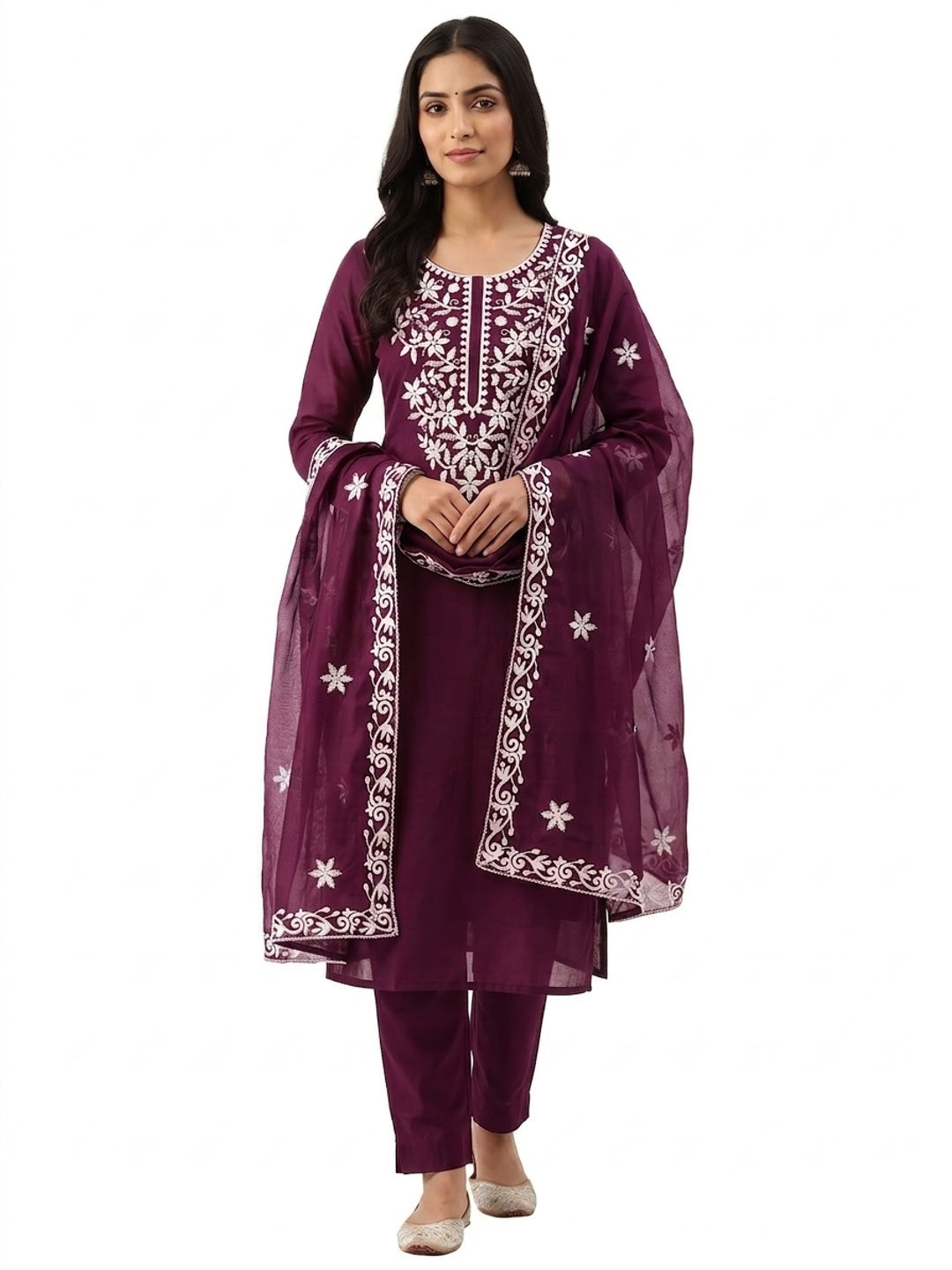 Peachmode Wine Chanderi Cotton Dress Material with Ethnic Motifs - Image 4