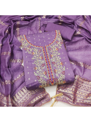 Peachmode Purple Chanderi Silk Dress Material with Ethnic Motifs - Image 2