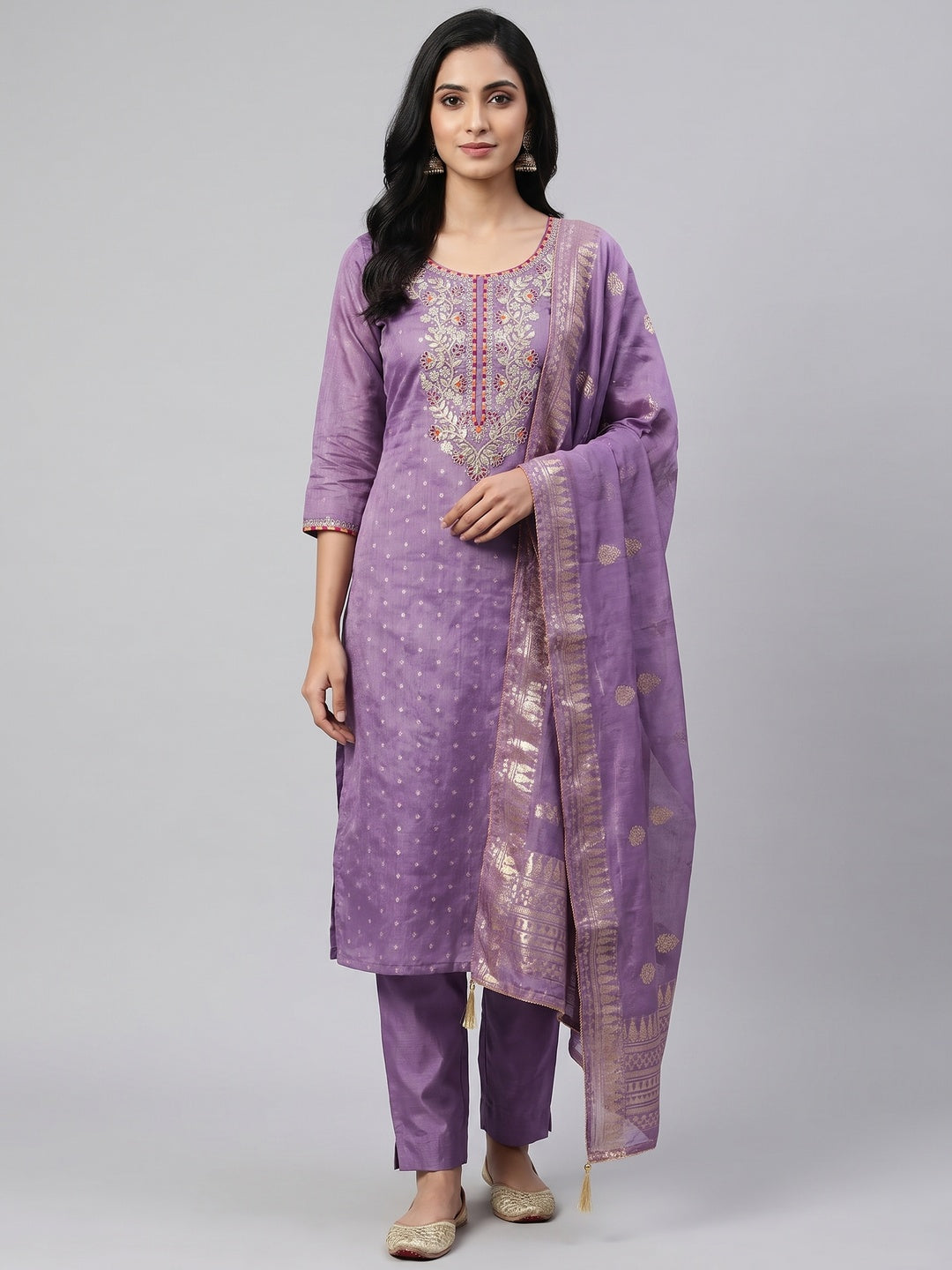 Peachmode Purple Chanderi Silk Dress Material with Ethnic Motifs - Image 1