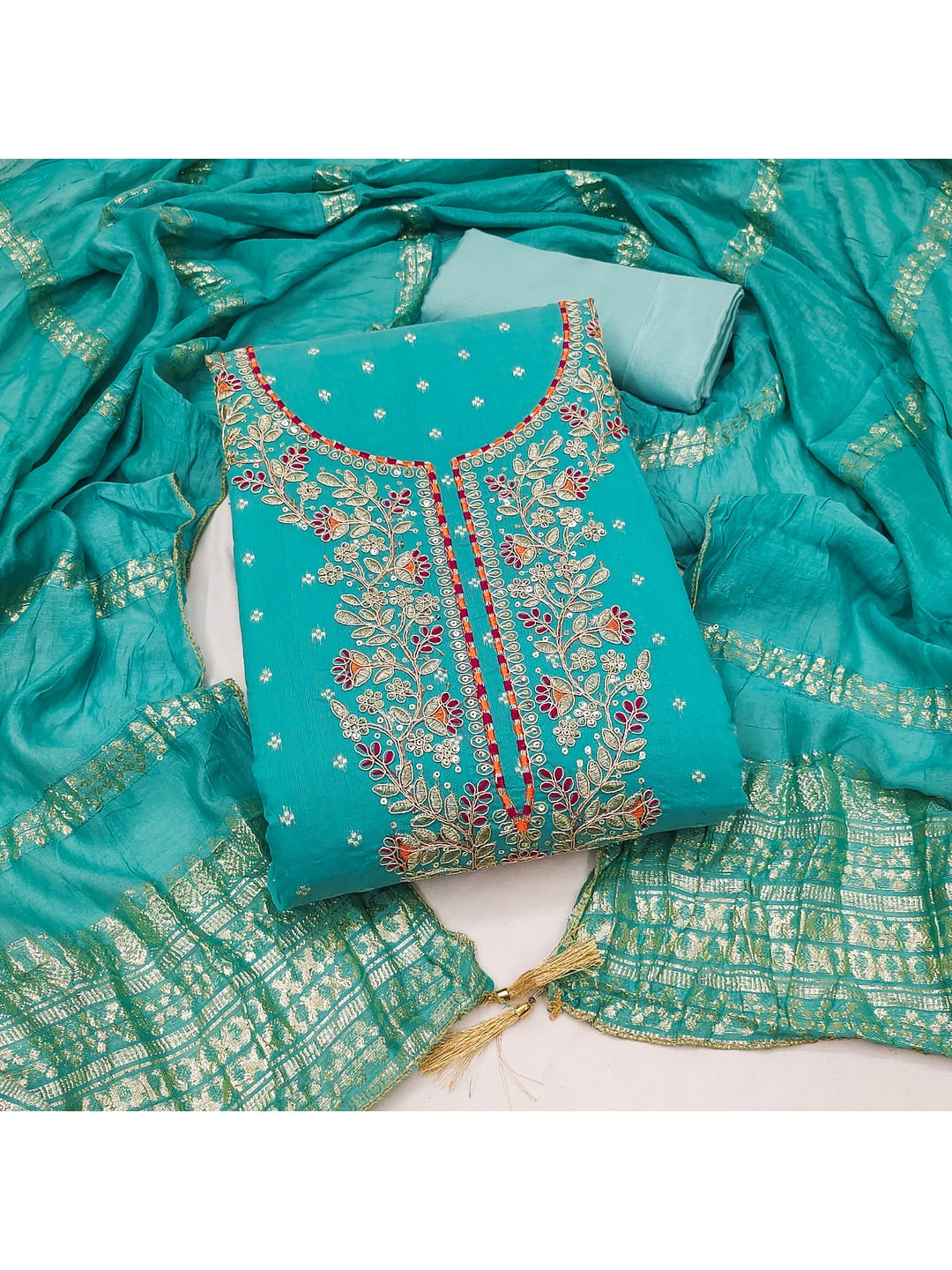 Peachmode Turquoise Chanderi Silk Dress Material with Ethnic Motifs - Image 2
