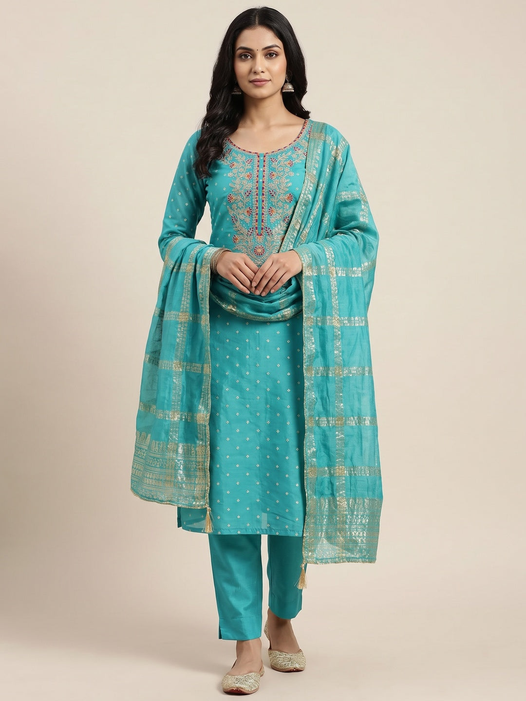Peachmode Turquoise Chanderi Silk Dress Material with Ethnic Motifs - Image 1