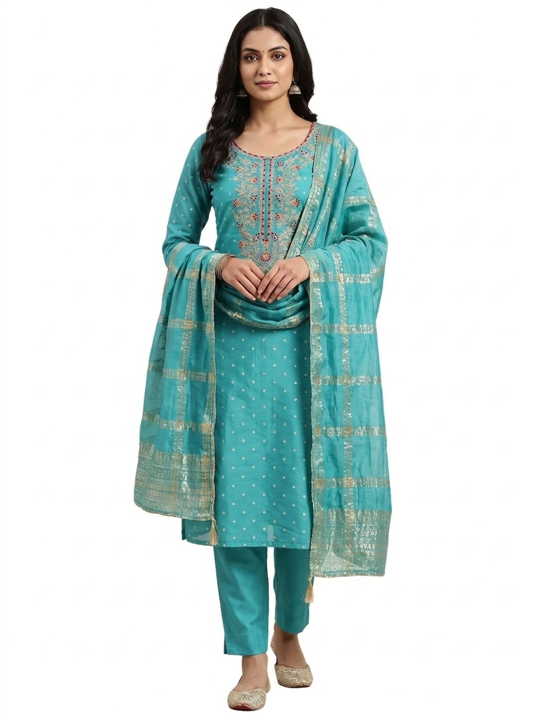 Peachmode Turquoise Chanderi Silk Dress Material with Ethnic Motifs - Image 5