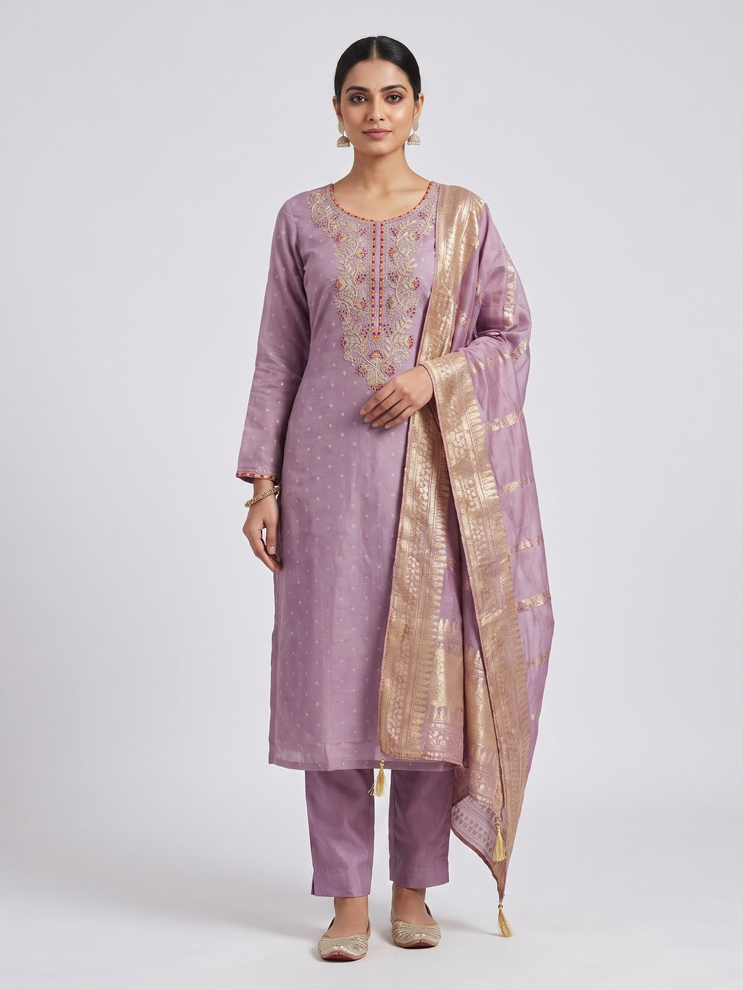 Peachmode Mauve Chanderi Silk Dress Material with Ethnic Motifs - Image 1