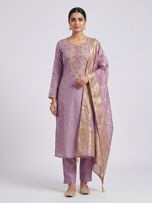 Peachmode Mauve Chanderi Silk Dress Material with Ethnic Motifs - Image 1