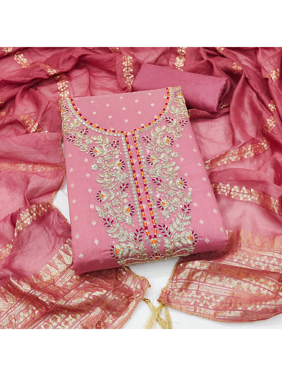 Peachmode Pink Chanderi Silk Dress Material with Ethnic Motifs - Image 2