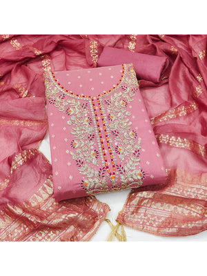 Peachmode Pink Chanderi Silk Dress Material with Ethnic Motifs - Image 2
