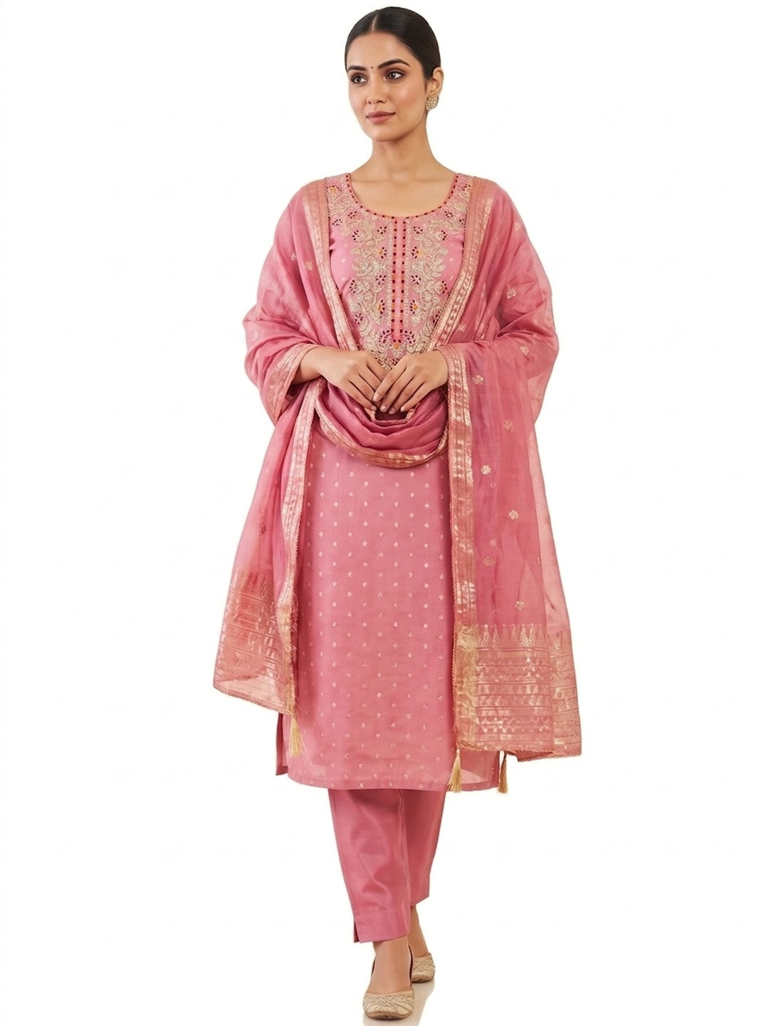 Peachmode Pink Chanderi Silk Dress Material with Ethnic Motifs - Image 5