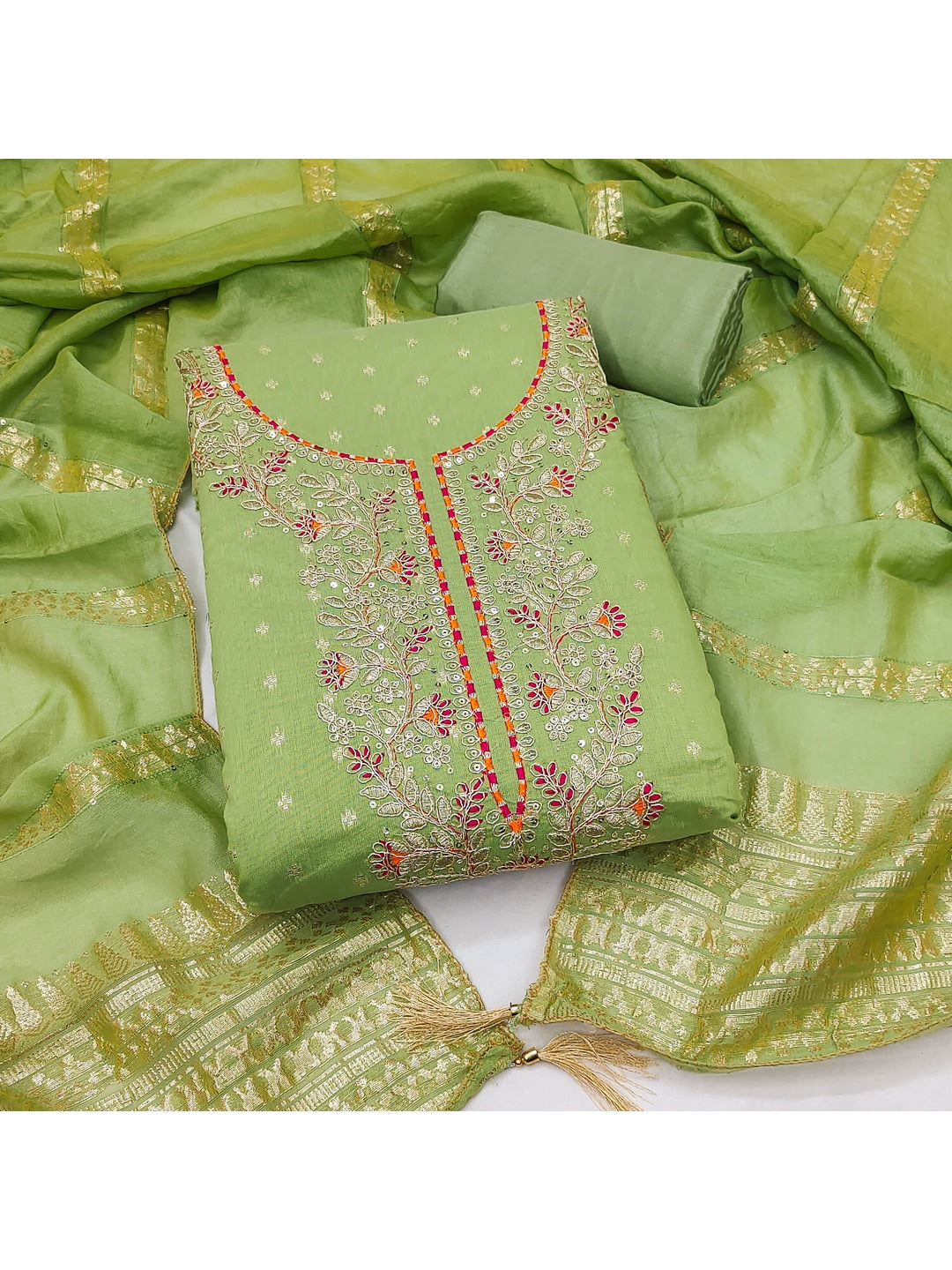 Elegant Sea Green Chanderi Silk Dress Material with Intricate Thread Work - Image 1