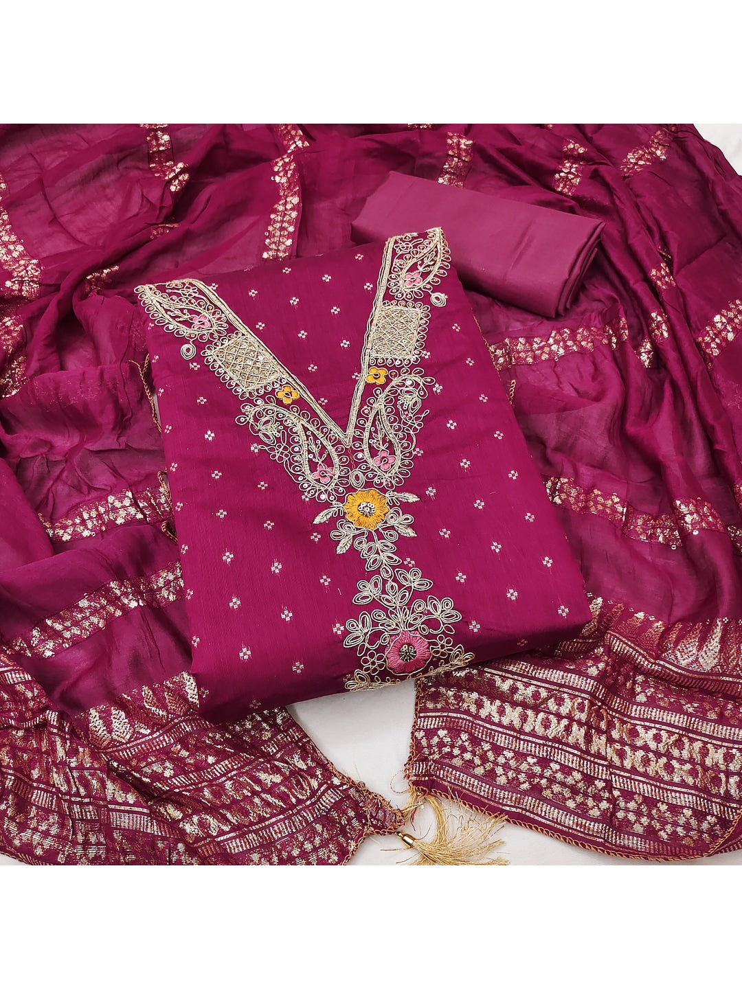 Peachmode Magenta Chanderi Silk Dress Material with Ethnic Motifs - Image 1
