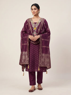 Peachmode Wine Chanderi Silk Dress Material with Ethnic Motifs - Image 1